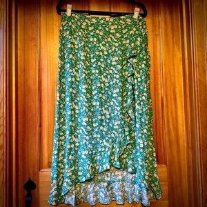 Floral Green Midi Wrap Skirt with Ruffle